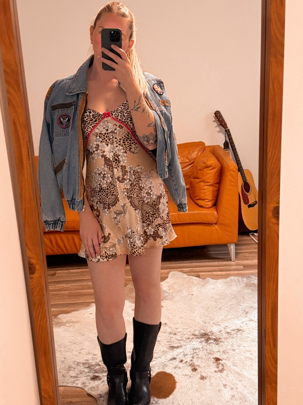 Floral & Leopard Slip Dress with Red Trim